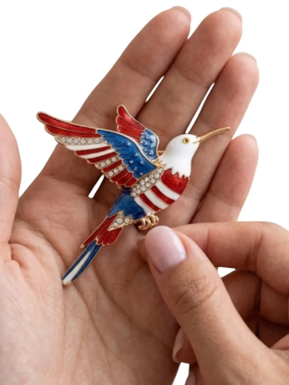 NWT Patriotic USA Flag Bird Brooch Pin Red White Blue Crystal Enamel